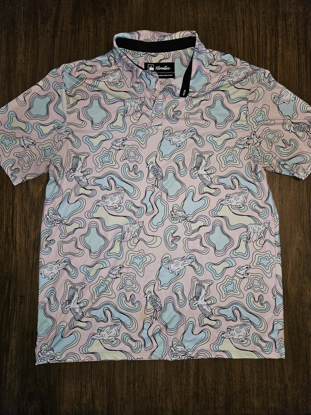 Men's Pink Abstract-Print Polo with Light Blue Accents
